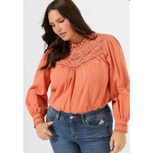 Torrid Top Womens 4X Boho Crochet Blouson Long Sleeve Cotton Orange